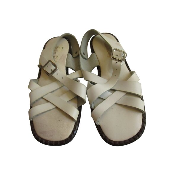 sz 5 Vintage Womens Italian White Leather Strappy Sandals With Buckle & Low Heel - Picture 1 of 13